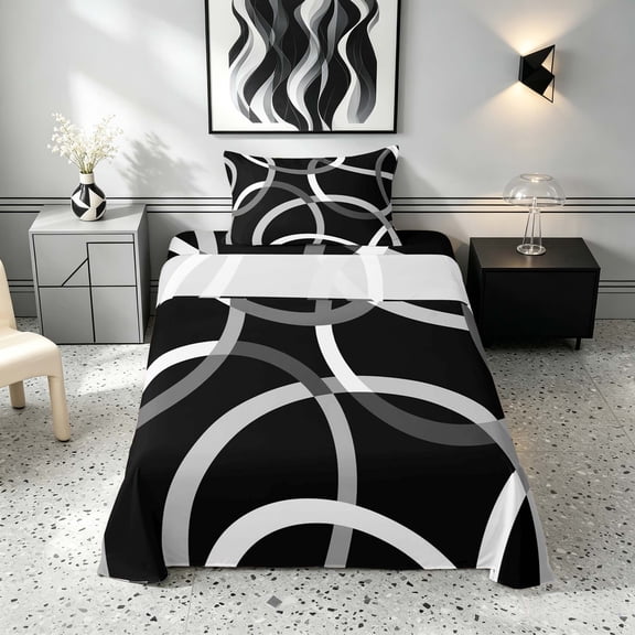 Manfei Black Gray Circle Twin Sheets, Aesthetic Minimalist Bedding, Black Reversible 3-Piece1 Flat Sheet 1 Fitted Sheet 1 Pillowcase