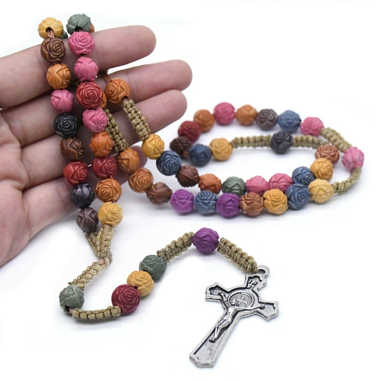 EUBUY Unisex Cross Beads Necklace Colorful Rose Prayer Beads Necklace First  Eucharist Baptism Religious Prayer