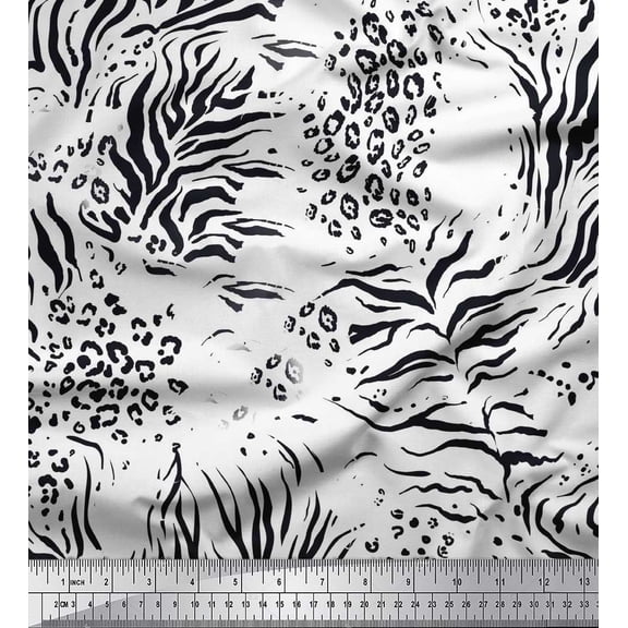 Soimoi White Poly Georgette Fabric Leopard & Tiger Animal Skin Printed Fabric 1 Yard 42 Inch Wide