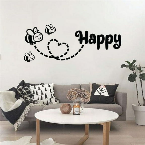 Bee Happy Cute Life Motivational Quote Inspirational Quotes Wall Decal Wall Sticker Wall Art For Home Design Room Living Room Bedroom Office Vinyl Wall Art Décoration Decal Size (40x40 inch)