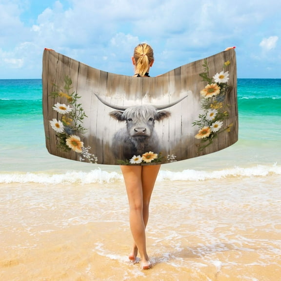 Ryvnso Highland Cattle on Wood Oversized Beach Towel Microfiber Bath Blankets Swimming Fitness 37" x 74"