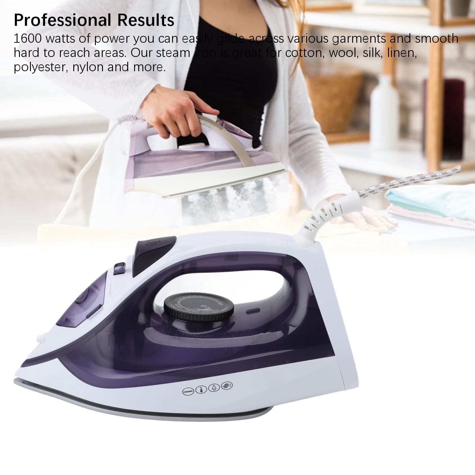 Nieyigj 1600W Steam Iron for Clothes with 210ml Water Tank, Professional Microsteam Holes Dry Wet Ironing Machine for Home and Travel, Purple (10.4 inches / 26.5 cm)
