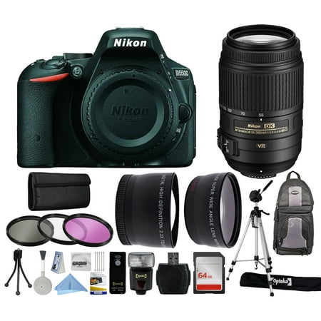 Nikon D5500 DSLR Digital Camera (Body Only) + 55-300mm VR Lens + Backpack + 64GB Memory Card + i-TTL LCD Flash + 2.2x Telephoto + 0.43x Wide Angle + 3 Filters + Cleaning Kit + 70