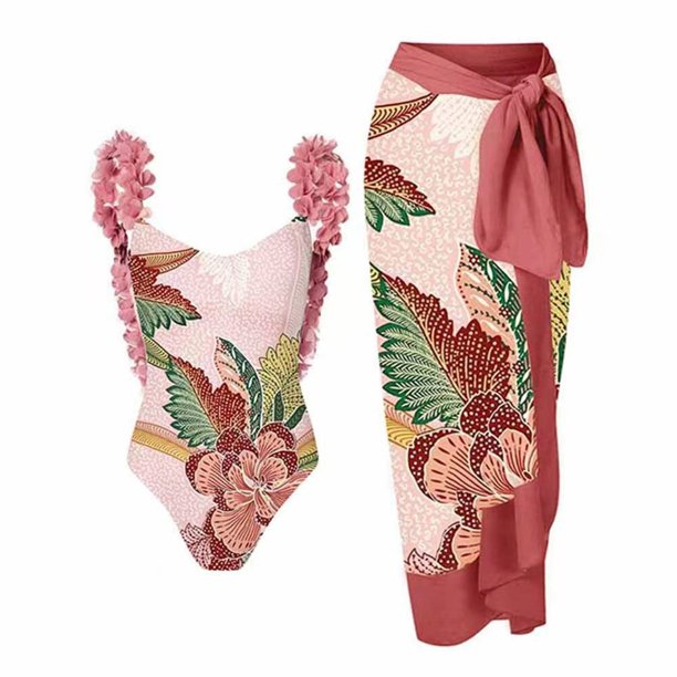 Gibobby Traje de Baño Sexy Bikini Nuevo traje de baño con borde rosa y tirantes para el hombro, Bikini con falda de gasa multicolor(Café,CH)