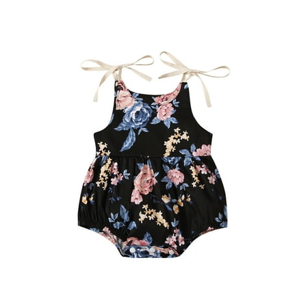 

Baby Girl’s Flower Print Round Neck Bow Lace-Up Suspender Romper