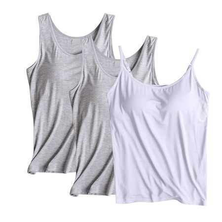 JGGSPWM 2PCS Slim Fit Built-in Bra Tank Tops for Women Summer Casual Padded Adjustable Spaghetti Strap Camisole Tops Purple S