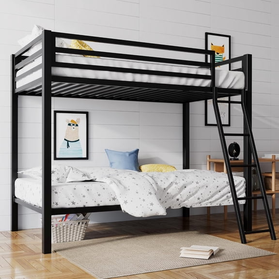 Decksplore Loft Bunk Bed Twin Over Twin Size with Ladder and Guardrail,Heavy Duty Metal Slats Support, Small Space Saving Furniture for Bedroom Dorm