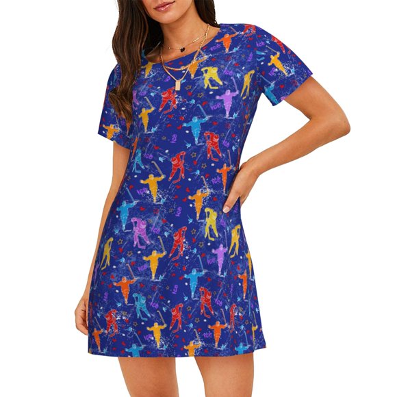 Lsque Ice Hockey Players With Puck Pattern Nightgowns for Women Sleep Shirts Short Sleeve Nightshirt Pullover Nightdress Soft Sleepwear Relaxed Fit Nightdress