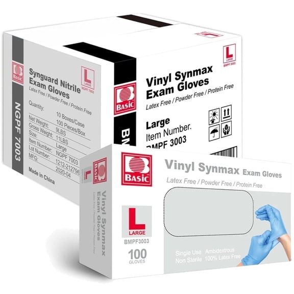 Hulmay Basic Medical Synmax Vinyl Exam Gloves, Latex Free, Powder Free, Large Disposable Gloves, BMPF-3003, Blue(1000 Pack)
