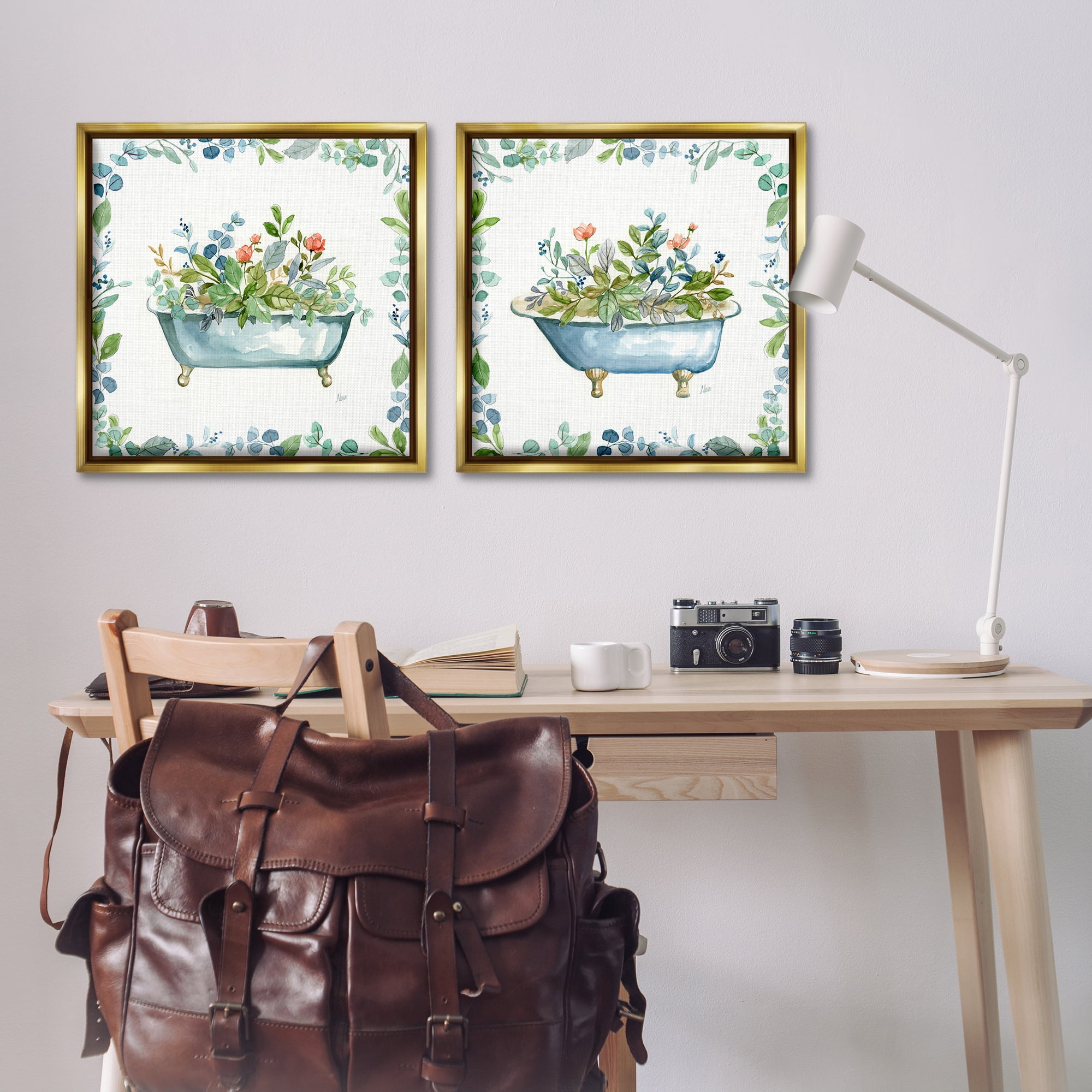 Stupell Industries Charming Flower Filled Tub Bath & Laundry Painting Gold Floater Framed Canvas Art Print Wall Art, 25 x 25, Set of 2