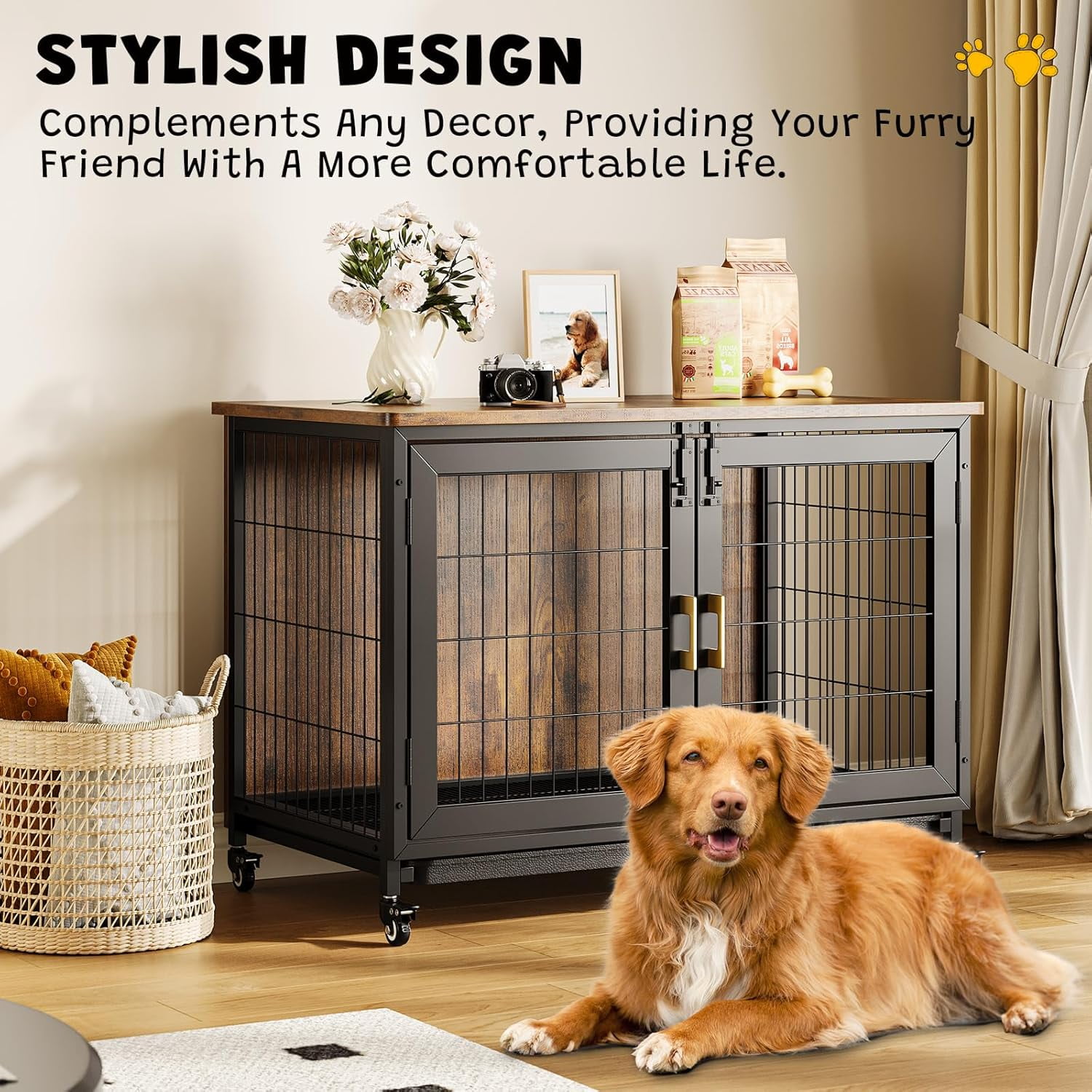 Acekid Heavy Duty Dog Crate - 37.5 Inch Furniture Style Kennel with Wheels & Removable Tray - Lockable Indoor Cage for Large & Medium Dogs - Brown
