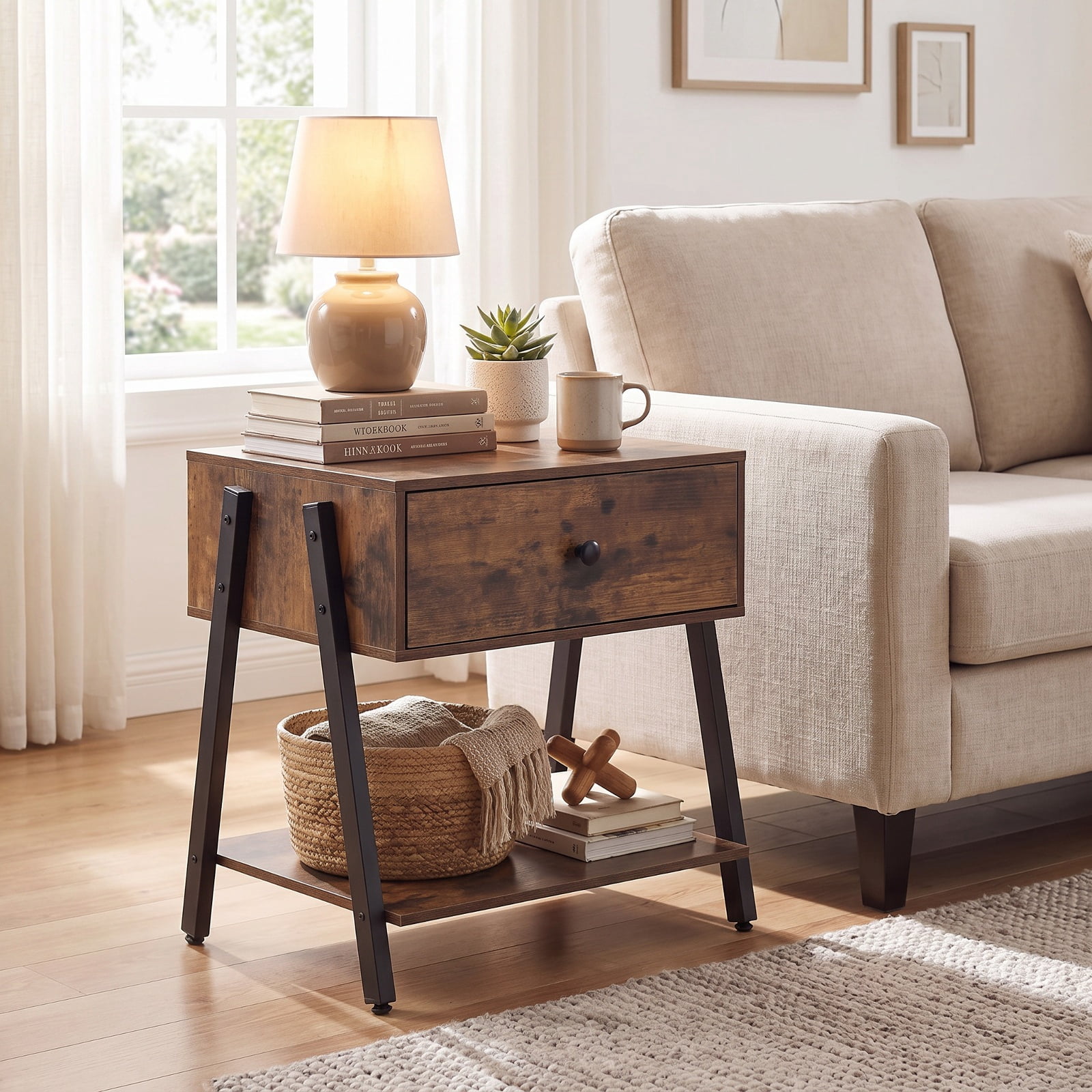 Furnibear Industrial Nightstand with Drawer and Adjustable Foot Pads for Bedroom for Bedroom Living Room Bedside Sofa Side Small Space, Rustic Brown