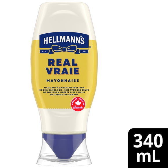Mayonnaise véritable Hellmann’s, sans gluten et casher, préparée avec des œufs de poules élevées en liberté au Canada et de l’huile de canola, bouteille à presser, 340 mL