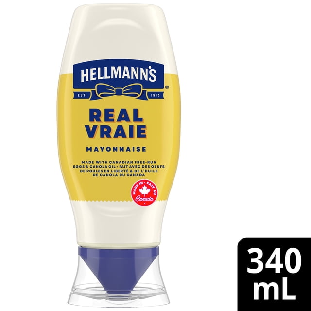 Hellmann’s Real Mayonnaise, Gluten‑Free and Kosher, Made with Canadian Free‑Run Eggs and Canola Oil, 340 mL Squeeze bottle