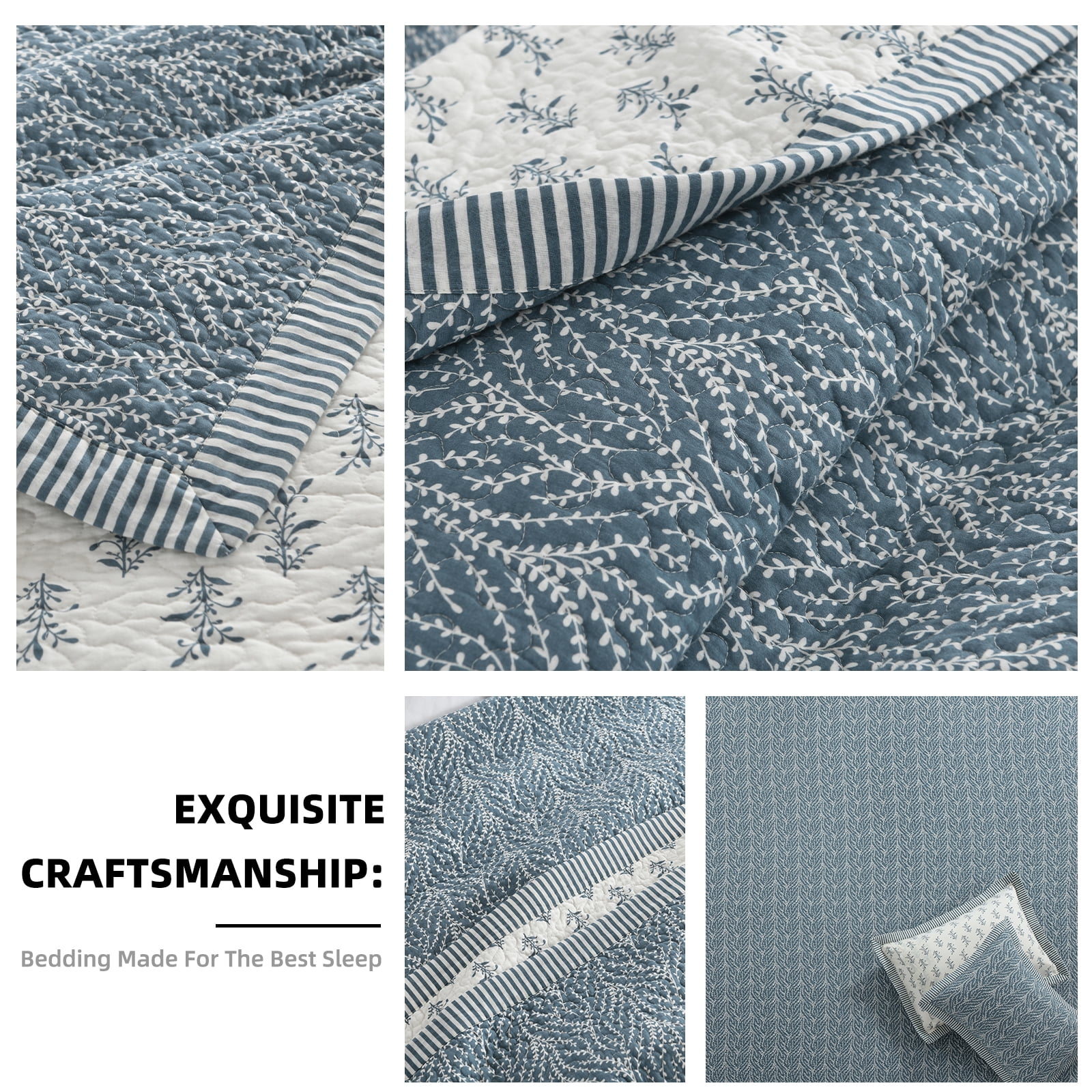 PANGUSHAN 100% Cotton King Quilt Set, Farmhouse King Size Quilt Bedding Set Bedspreads, Reversible Botanical Patterns Quilted Lightweight Comforter, Grayish-Blue/White Bed Spread for King Bed