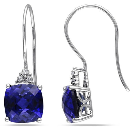 Tangelo 1 Carat T.G.W. Created Blue Sapphire and Diamond-Accent 10kt White Gold Hook Earrings