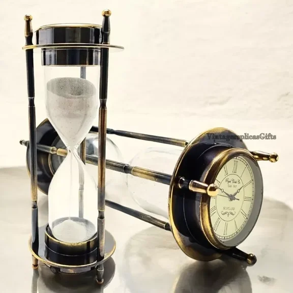 Antique Style Brass Hourglass Sand Timer with Elegant Clock & compass Home Décor