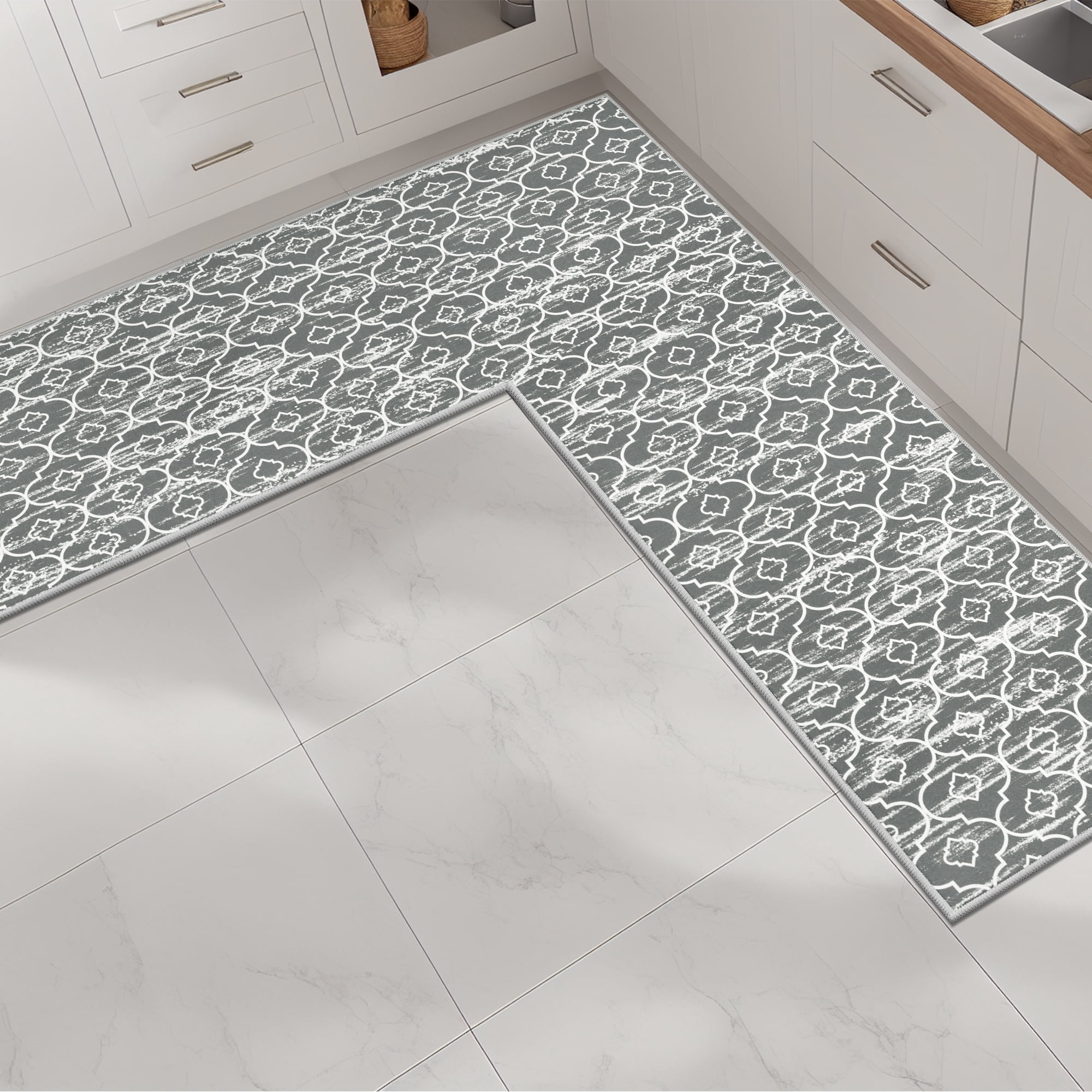 MeyJey Corner Kitchen Rug, 1 Piece Anti-Slip L Shape Kitchen Mat for Floor, Absorbent Runner in Front of Sink, Washable Floor Rugs for Home,Kitchen(Gray-L,24”x 71”x 71”)