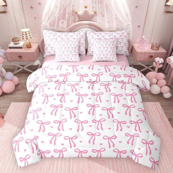 Feelyou Pink Bow-tie Twin Bedding Sets 7-Piece, Princess Love Heart Bedding Comforter Set