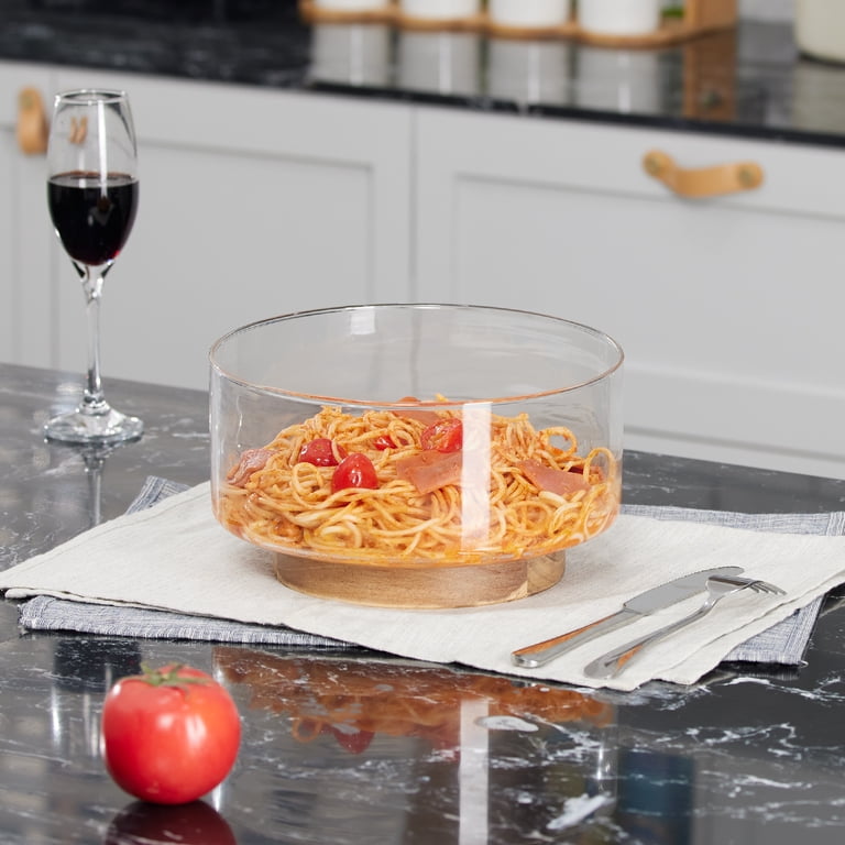 Large Glass Salad Bowl With Acacia Wood Lid – 9.6 Inch, Thick & Dishwasher Safe | For Serving, Mixing & Storage