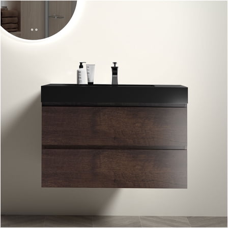 JERFIT 36 Inch Wall Mount Floating Bathroom Vanity with Sink, Walnut & Black Modern Single Basin Storage Cabinet with Soft Close Drawers