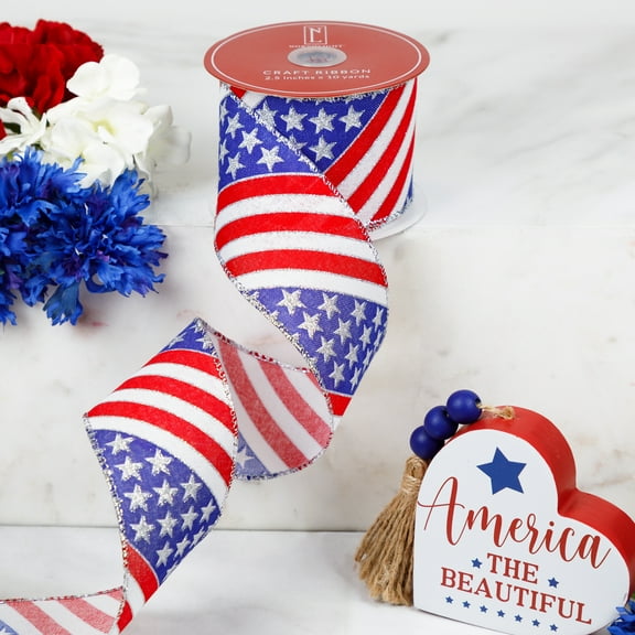 Northlight Patriotic Stars and Stripes Wired Craft Ribbon - 2.5" x 10 Yards