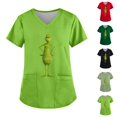 thumbnail image 2 of MIARHB - Uniforme de trabajo para mujer, talla grande, estampado navideño, cuello en V cruzado, manga corta, divertido, con estampado del Grinch, 2 bolsillos, verde/S, 2 of 4