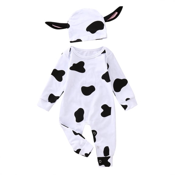 Toddler Boys Bodysuits Long Sleeve Cow Pattern Print Romper And Hat 2Pcs Outfits Unisex Cute One-Piece Playsuits For Babys