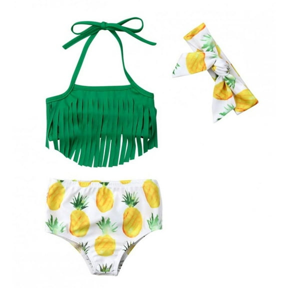 StylesILove Infant Baby Girls Fringe Pineapple Bikini Swimsuit with Headband 3pcs Green Bathing Suit Beach Pool Swimwear
