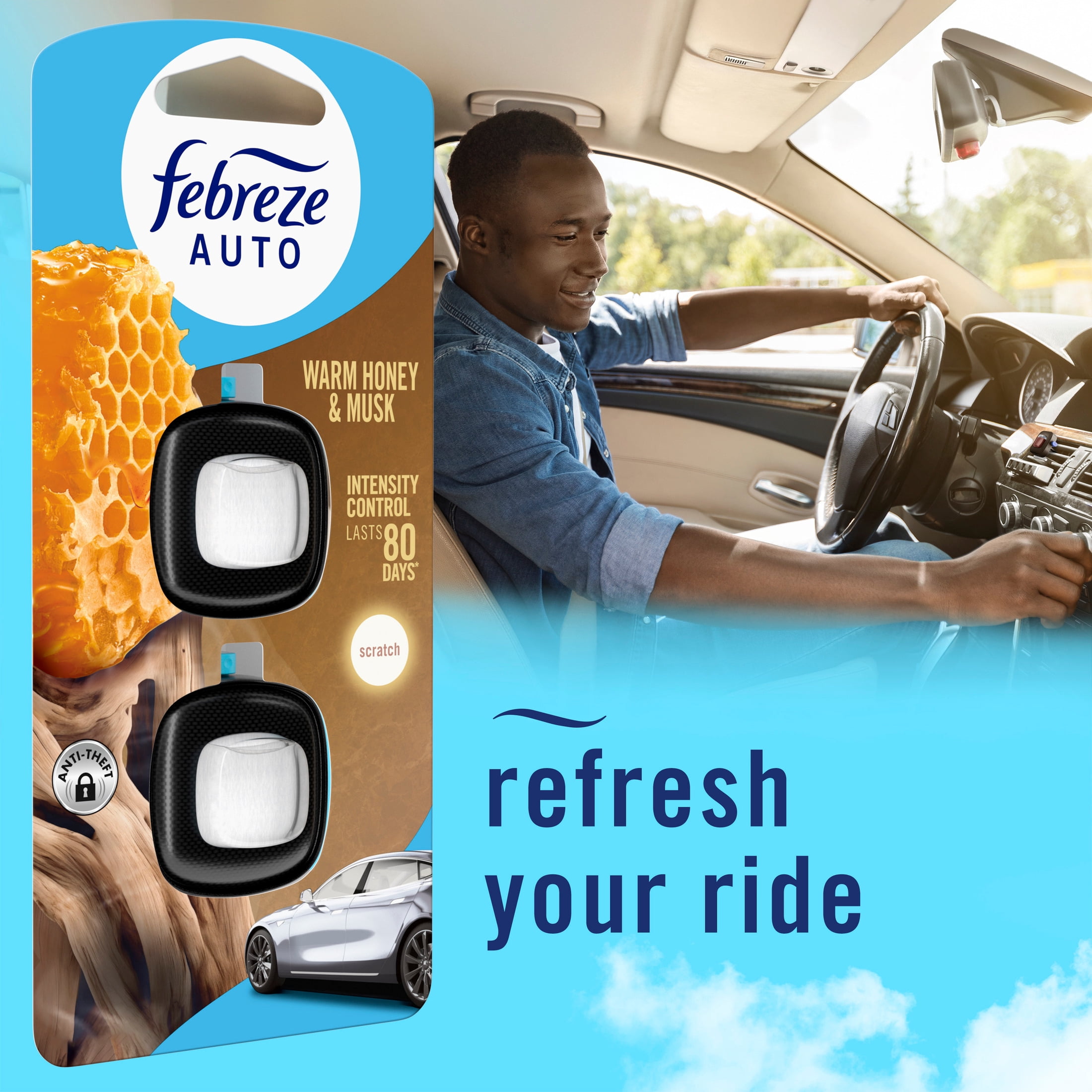 Febreze Auto Air Freshener, Car Vent Clip, Warm Musk & Honey, 2 Count
