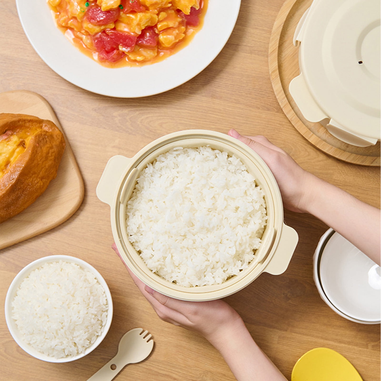 Microwave Small Rice Cooker,4.3x6.6inch Portable Rice Cooker with Spoon,Micro Cookware Pot Food Container,Used for Cooking Rice, Soup, Vegetables,Noodles(Beige)