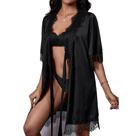 

Elegant V neck Elbow-Length Black Womens Robes (Women s)