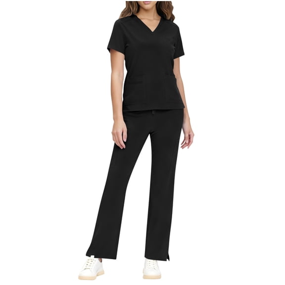 HongQid Scrub Set For Women, Modern Classic Fit V Neck Tops With Mid Rise, Straight Leg Pants Comfort Fit Nursing Uniform