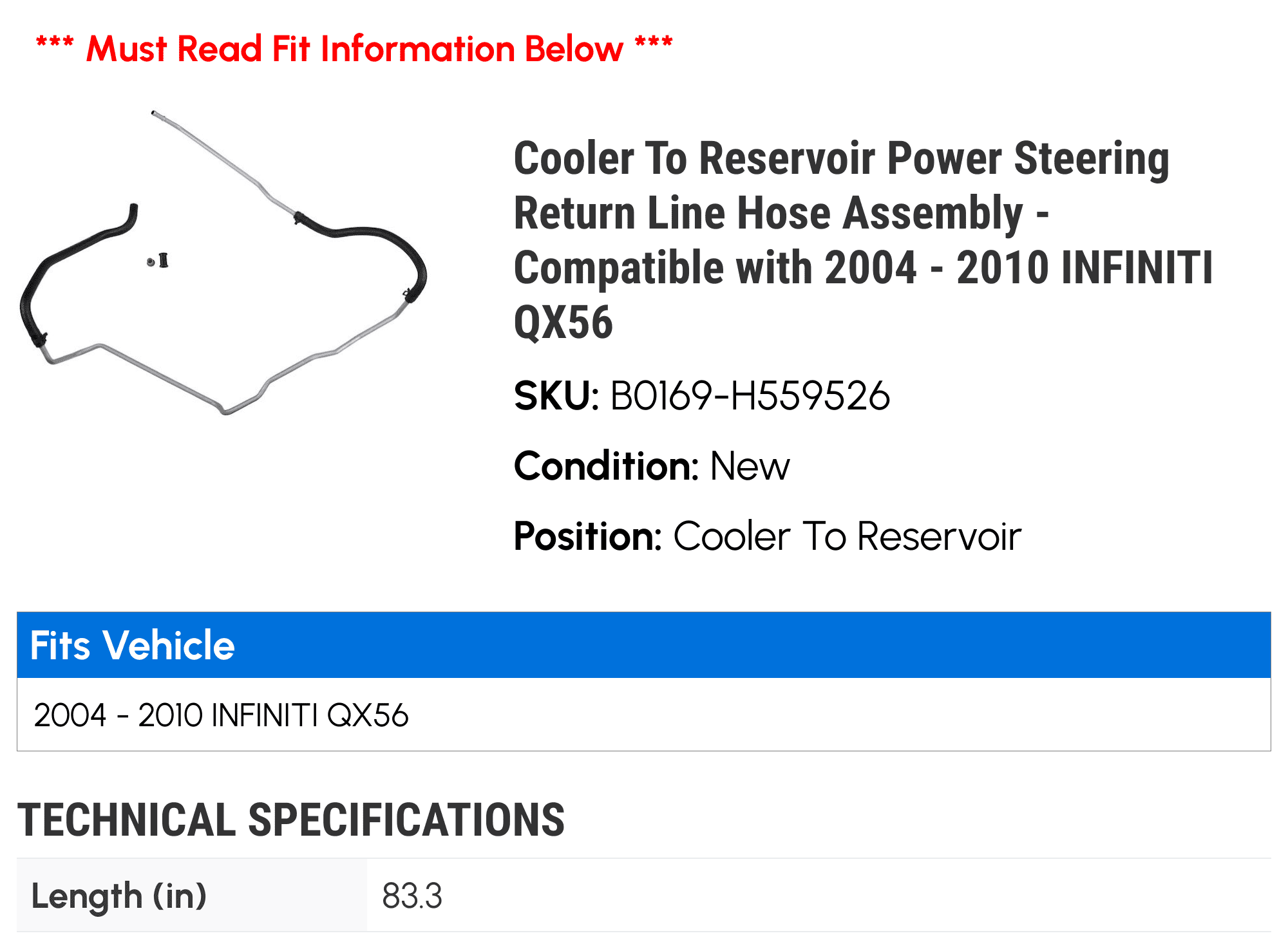 Cooler To Reservoir Power Steering Return Line Hose Assembly - Compatible with 2004 - 2010 INFINITI QX56 2005 2006 2007 2008 2009