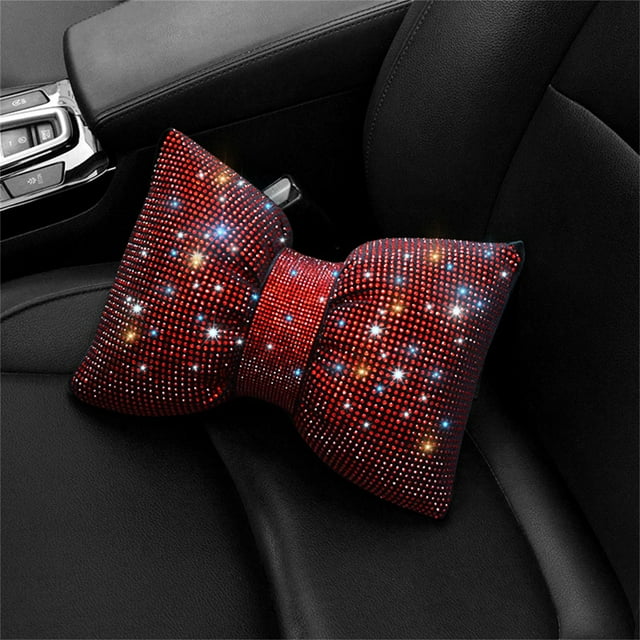 2023 Shiny Rhinestone Bow Car Headrest Neck Pillow for Women Driver Back Support and Relaxation Accessory