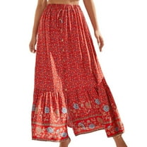 Jdlsppl Women's Boho Skirt High Waist Printed Beach Ruffle A Line Summer Fashion Peasant Travel Casual Button Red Small