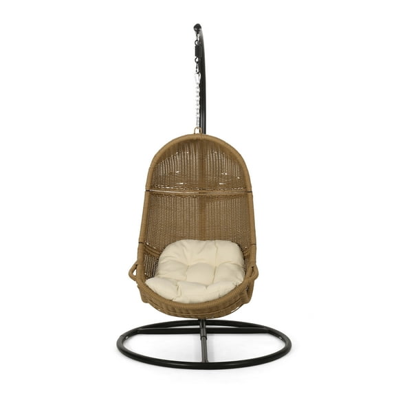 Noble House Ripley Wicker Hanging Chair with Stand in Light Brown and Beige