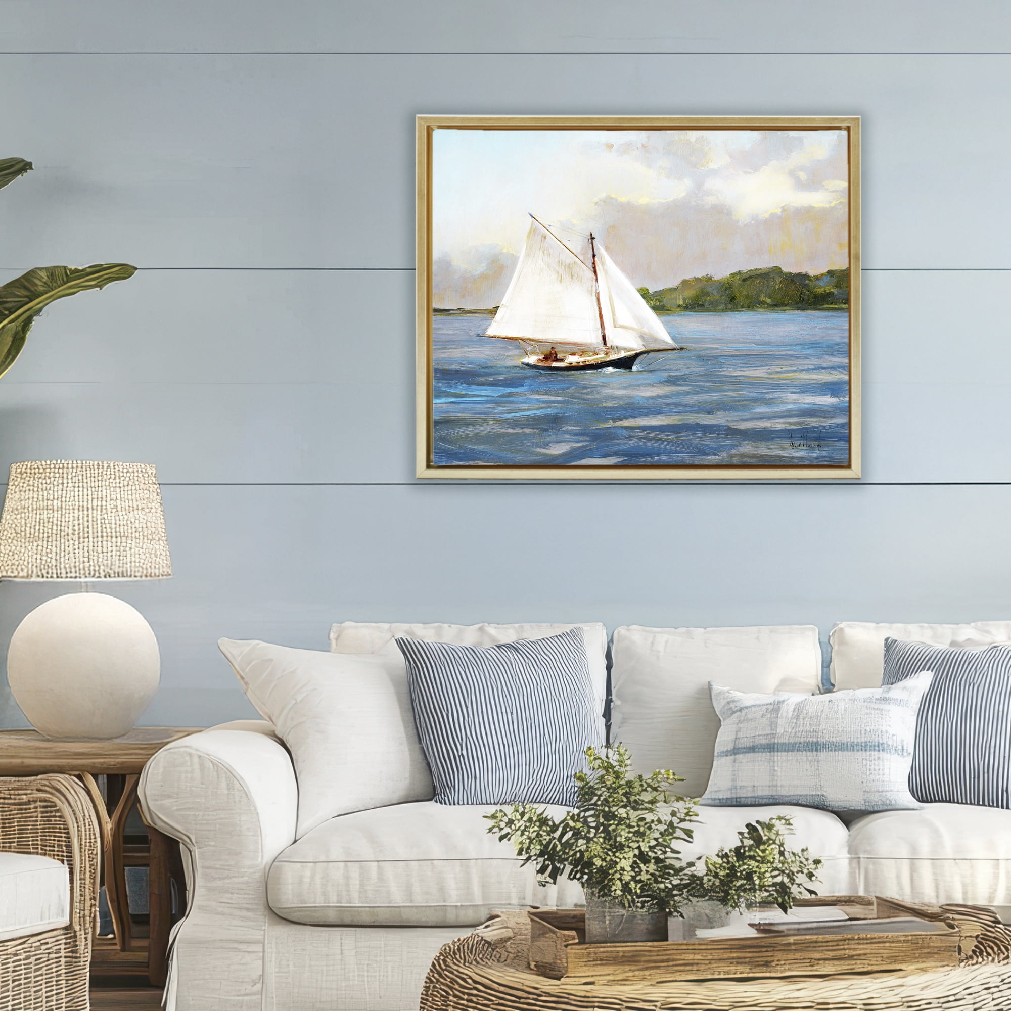 Stupell Industries White Sailboat on Calm Blue Sea Gold Framed Floater Canvas Wall Art, design by Katie Swatland