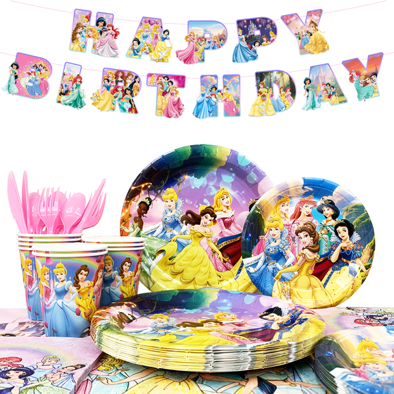 Princess Birthday Decorations Tableware, Princess Party Decorations Set - Princess Theme Party Plate Cups Napkins Tablecloth Banners etc Princess Birthday Party Supplies Serves 16