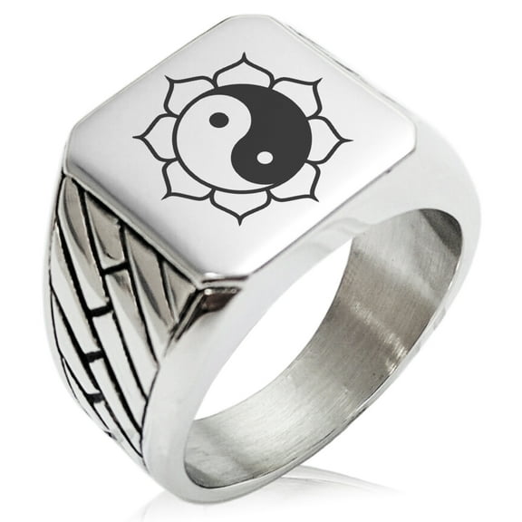 Stainless Steel Sacred Lotus Yin Yang Geometric Pattern Biker Style Polished Ring
