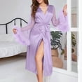 thumbnail image 2 of APEXFWDT Women's Satin Robe Bridesmaid Bride Feather Robe Kimono Silky Long Sleeve Bathrobe with Feather Trim Wedding Robe, 2 of 5