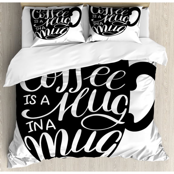Hug Duvet Cover Set King Size, Monochrome Print of Coffee is a Hug in a Mug Calligraphy on Cup Pictogram, Decorative 3 Piece Bedding Set with 2 Pillow Shams, Charcoal Grey and White, by Ambesonne