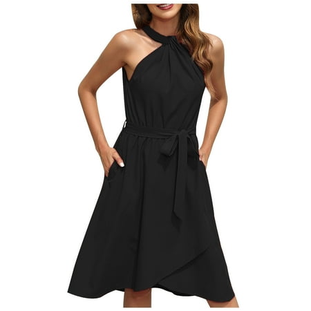 

YanHoo Summer Dresses for Women 2023 Halter Neck Sleeveless Bandage Waist Mini Dress Sexy Solid Club Party Dress with Pockets