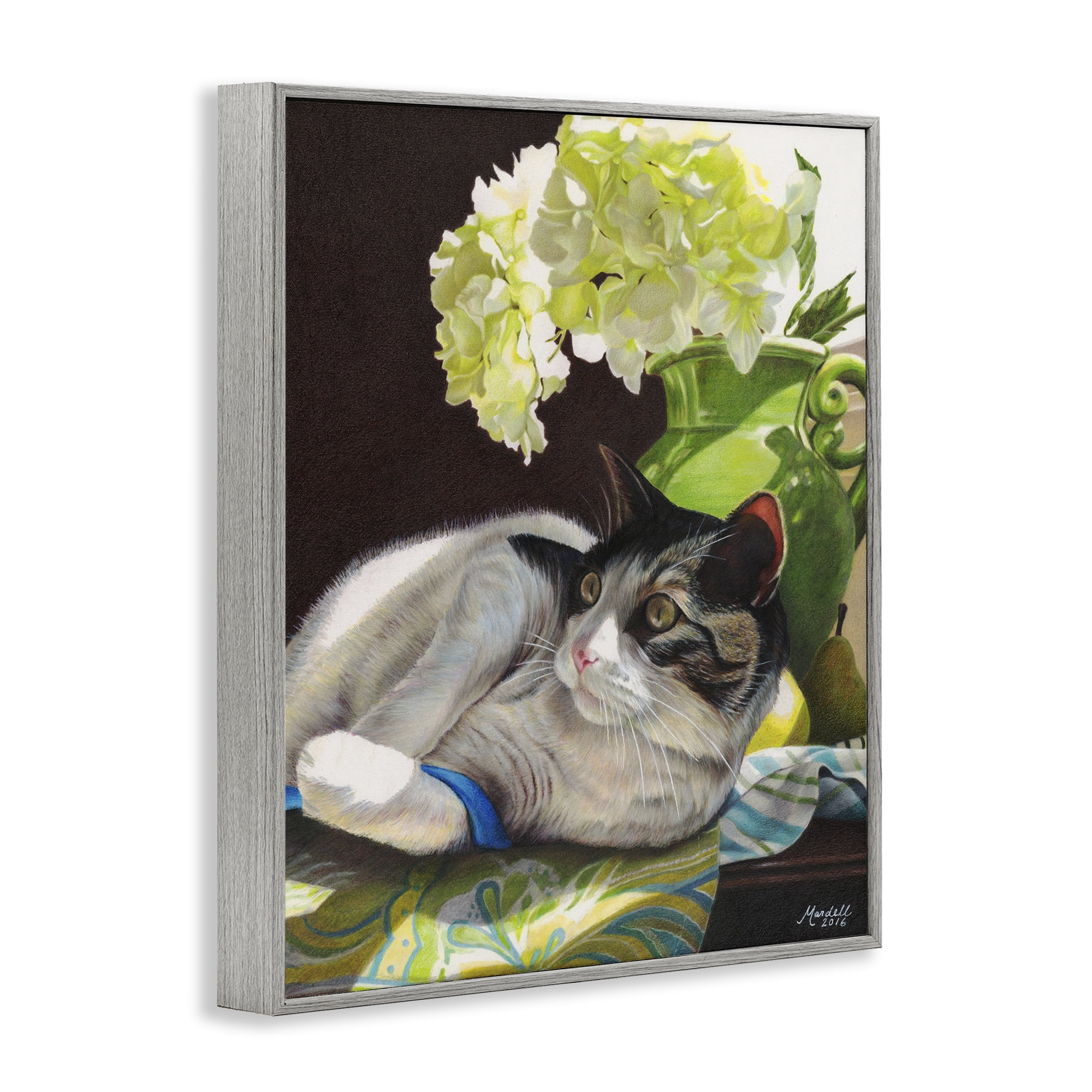 Stupell Industries Cat & Blue Ribbon Animals & Insects Painting Gray Framed Art Print Wall Art, 11 x 14