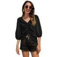 thumbnail image 1 of Camisa de gasa con manga de siete puntos y cordón de moda informal con cuello en V para mujer (negro), 1 of 5
