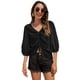 thumbnail image 1 of Camisa de gasa con manga de siete puntos y cordón de moda informal con cuello en V para mujer (negro), 1 of 5