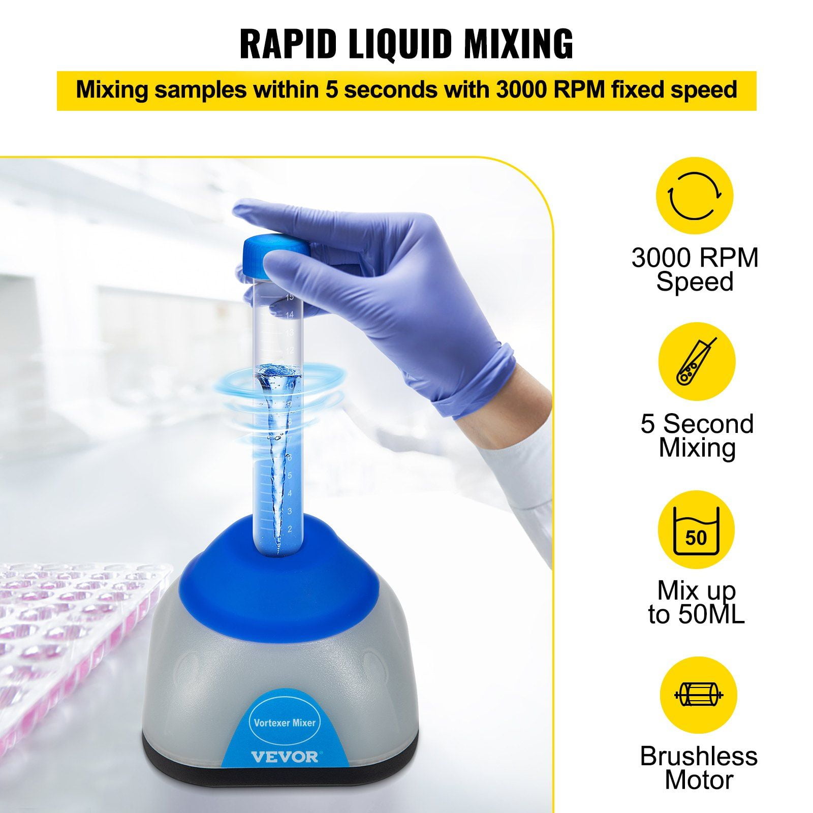 Vortex Mixer 3000 RPM Fixed Speed, 50mL Max Capacity 6mm Orbital, Brushless DC Motor Powerful Lab Vortex Shaker for Test Tube Sample Mixing