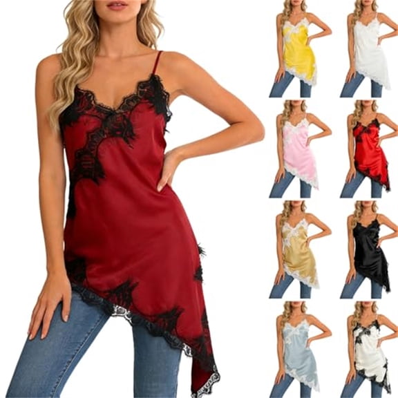 Lace Trendy Trim Satin Women Tank Top V Neck Silk Sexy Camisole Tops Asymmetrical Backless Spaghetti Strap Cami Tops Casual Summer Outfits Womens Tops Date Night Slip Dresses 2026 Beige L