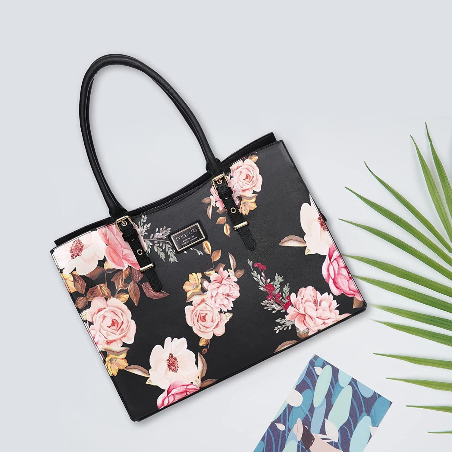 MOSISO 17.3 inch Laptop Tote Bag PU Leather Peony Briefcase with Adjustable Handle
