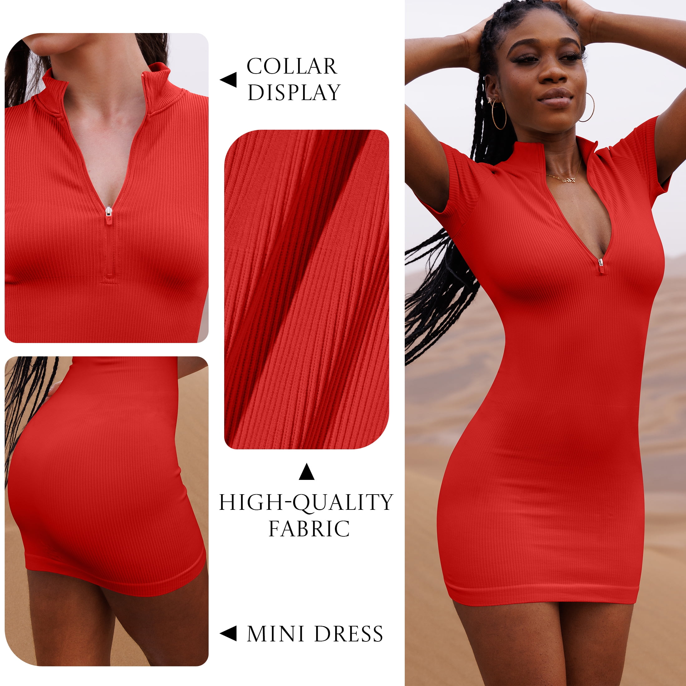 OQQ Women's 2 Piece Dresses Sexy Ribbed Zip Front Short Sleeve Stretch Tops Mini Dress